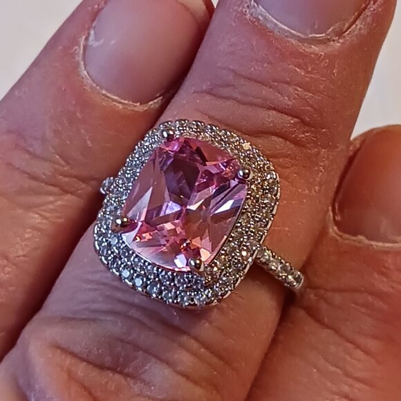 Silver Fashion Statement Halo Pink Tourmaline CZ Ring Size 8.5 NWOT - Picture 10 of 16
